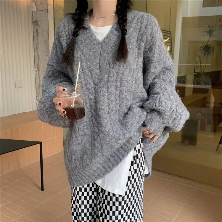 Women's Autumn and Winter Fashion Loose Outer Wear Lazy Style Niche Warm Knit Sweater Top - reetell