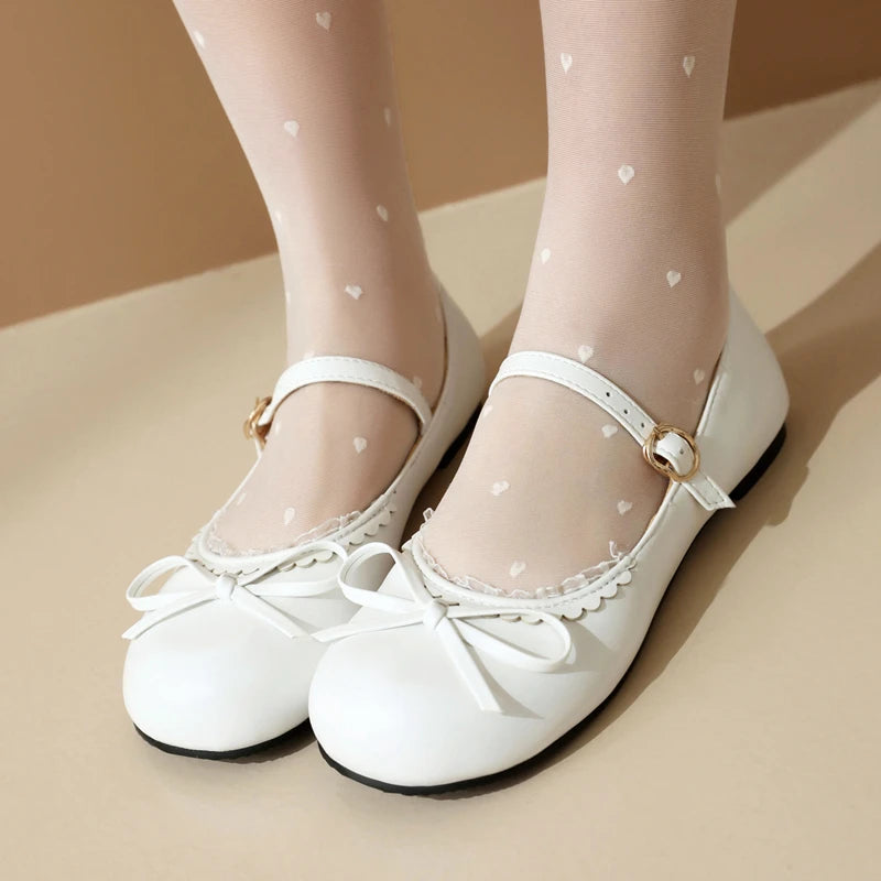 Spring Autumn Pink White Mary Janes Flat Shoes Woman Round Toe Buckle Strap Lolita Girls Student Ballet Flats Plus Size 43 44 45 - reetell