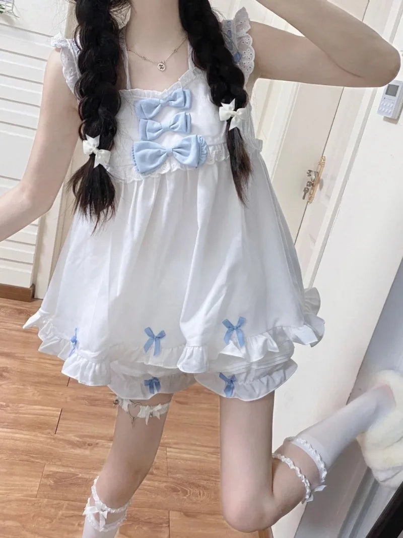 Japanese Soft Girl Strappy Bow Sling Top Shorts Two Piece Set Cotton Pajamas Women's Lolita Sleepwear 2024 New Summer