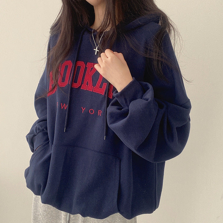 BROOKLYN Letter Print Hoodies Women Retro Chic Long Sleeve Loose Pullovers 2023 Harajuku Casual Hooded Sweatshirt Y2K Streetwear - reetell