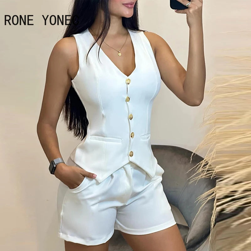 2024 Women Buttoned V-Neck Vest Top & Shorts Set Blazer Women Suits - reetell