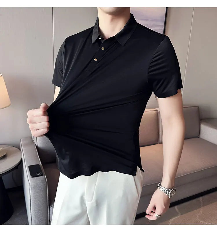 Ice Silk Traceless T-shirt Men's  Business Casual Solid Color Half Sleeve High Elasticity Top Silk Smooth Breathable POLO Shirt