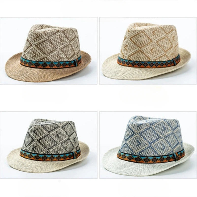 New Spring/Summer Men's Straw Knitted Hat Short Brim Trendy British Jazz  Sunscreen Beach Hat Versatile for Gentlemen