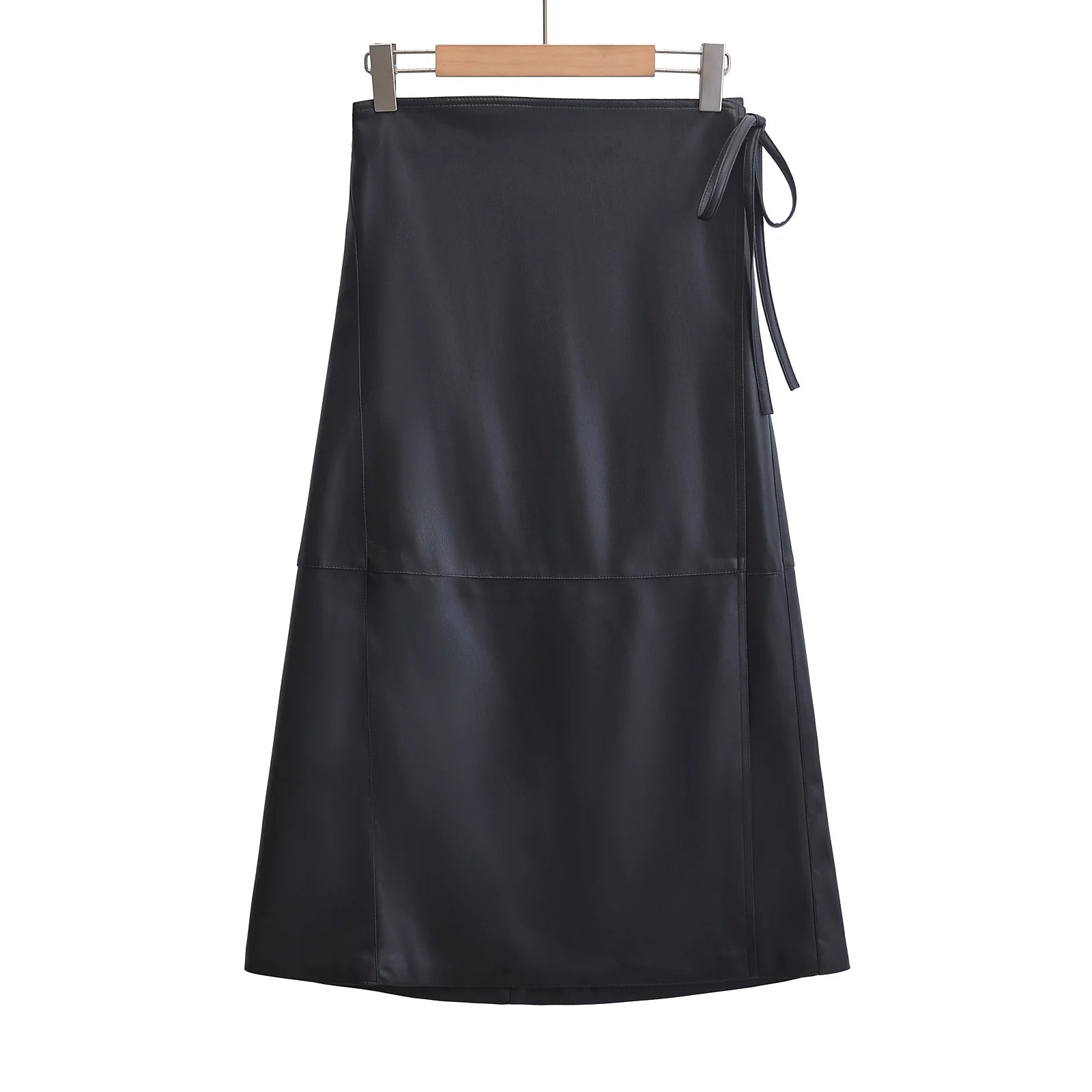 XNWMNZ 2024 Women's Fashion Autumn/Winter Faux Leather Midi Skirt Women Retro High Waist Wrap belt Tie Female Skirt - reetell