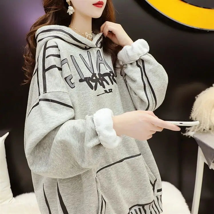 Autumn Winter New Sweatshirts Oversized Women Clothes Casual Korean Printing Loose Fleece Pullover Coat Femme Mid Length Top - reetell