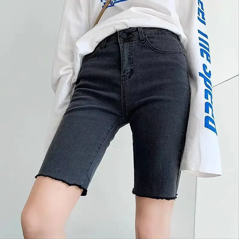 Women High Waist Denim Shorts 2024 Summer Thin Ladies Stretch Skinny Jean Short Pants Solid Color Female Casual Biker Shorts - reetell