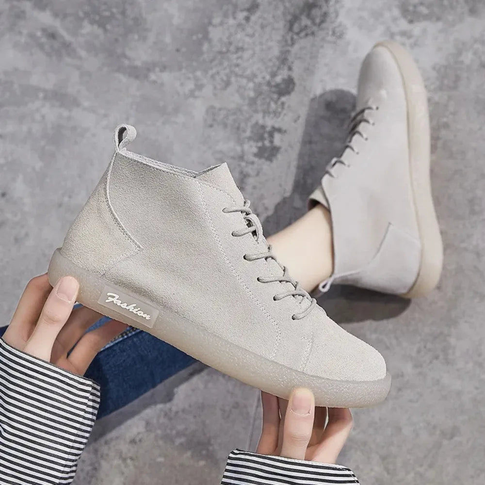 Soft Sole Single Shoes Spring and Autumn Flat Sole Women's Shoes Retro Single Layer High Top Frosted Leather  Ankle Boots Women