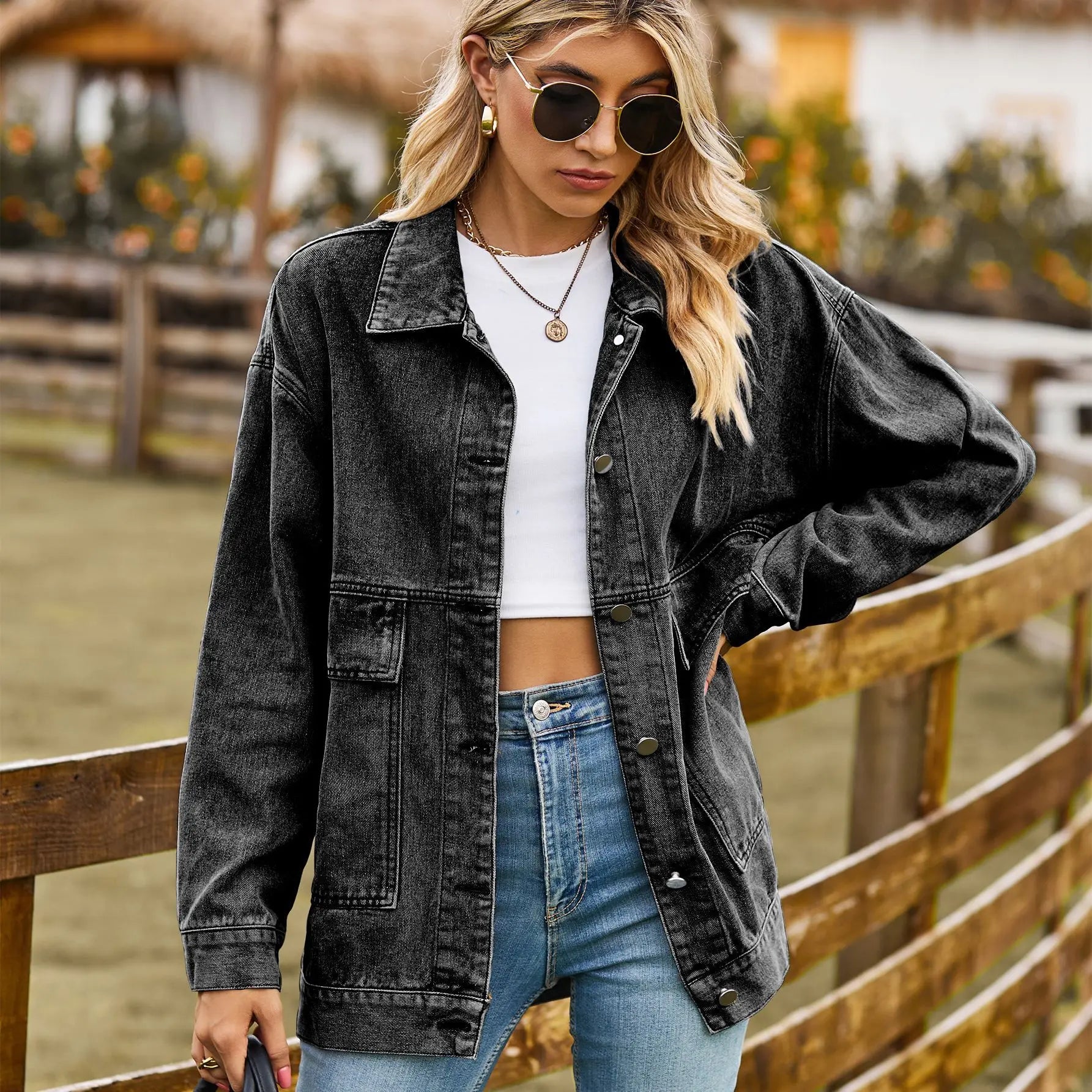 2023 Autumn New Women's Long Sleeve Denim Jacket Fashion Loose Versatile Mid-Length Jeans Coat Casual Clothing S-2XL