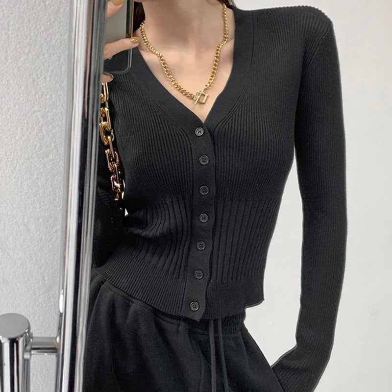 Korean Style Slim Fit Black Cardigan Woman Long Sleeve V Neck Cardigans Women 2024 Chic Solid Color Knitted Crop Tops Female - reetell