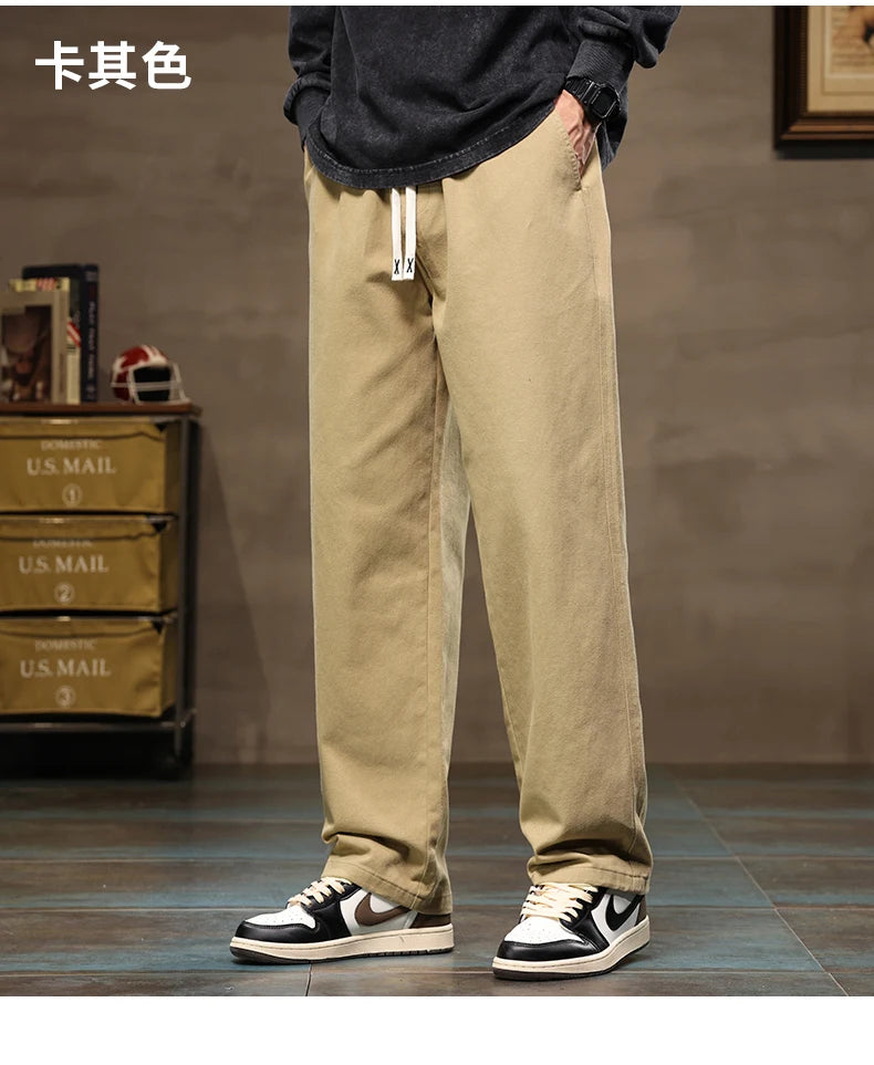 HIQOR Men Casual Pants Fashion Jogger Pant Loose Straight Wide Leg Trousers Cotton Vintage Cargo Pants Man Solid Streetwear Men