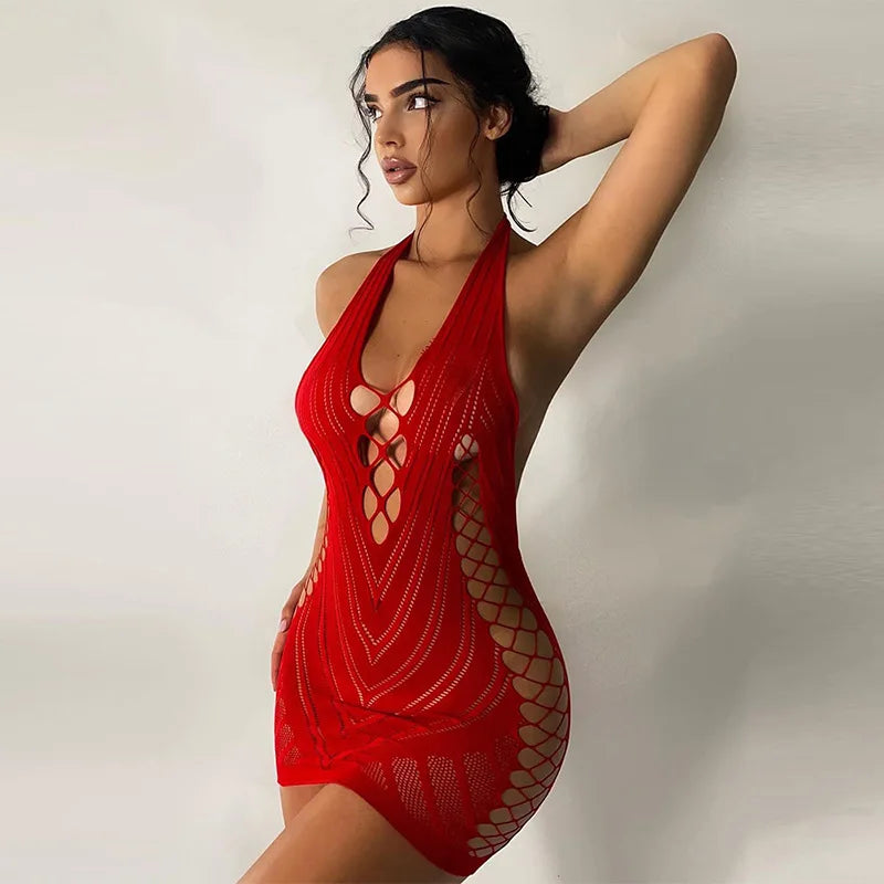 Sexy Fishnet Halter Backless Dress Low Cut Tight Pencil Cute Dress Mini Short Dress Nightclub Dance Dress Dresses For Women 2023 - reetell