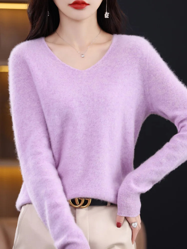 Aliselect Fashion Autumn Winter Basic 100% Merino Wool Sweater V-Neck Long Sleeve Women Knitted Pullover Cashmere Clothing Top - reetell