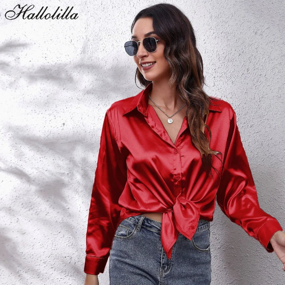 Satin Blouse Shirt Silk Tops Elegant Long Sleeve Loose Womens Blouses Camisas De Mujer Spring Autumn Streetwear Women Clothes - reetell