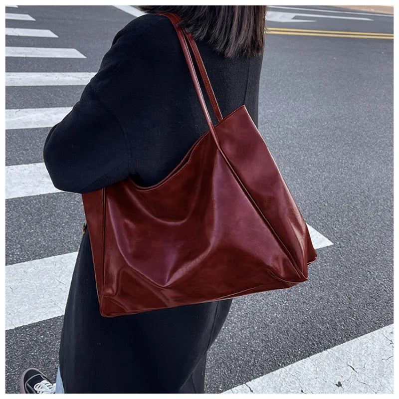 Women Tote Bag Fashion Underarm Pouch Large Capacity Soft Pu Leather Shoulder Bag Retro Crossbody Bag Casual Portable Bucket Bag