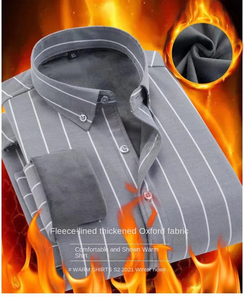 Autumn Winter Men's Striped Warm Non-ironing Long Sleeve Fleece Thickened Oxford Spinning Business Casual Shirts Men's Clothing