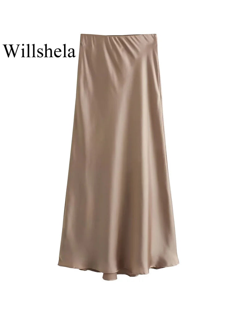 Willshela Women Fashion Satin Solid Pleated Midi Skirt Vintage Mid Elastic Waist Female Chic Lady Skirts - reetell