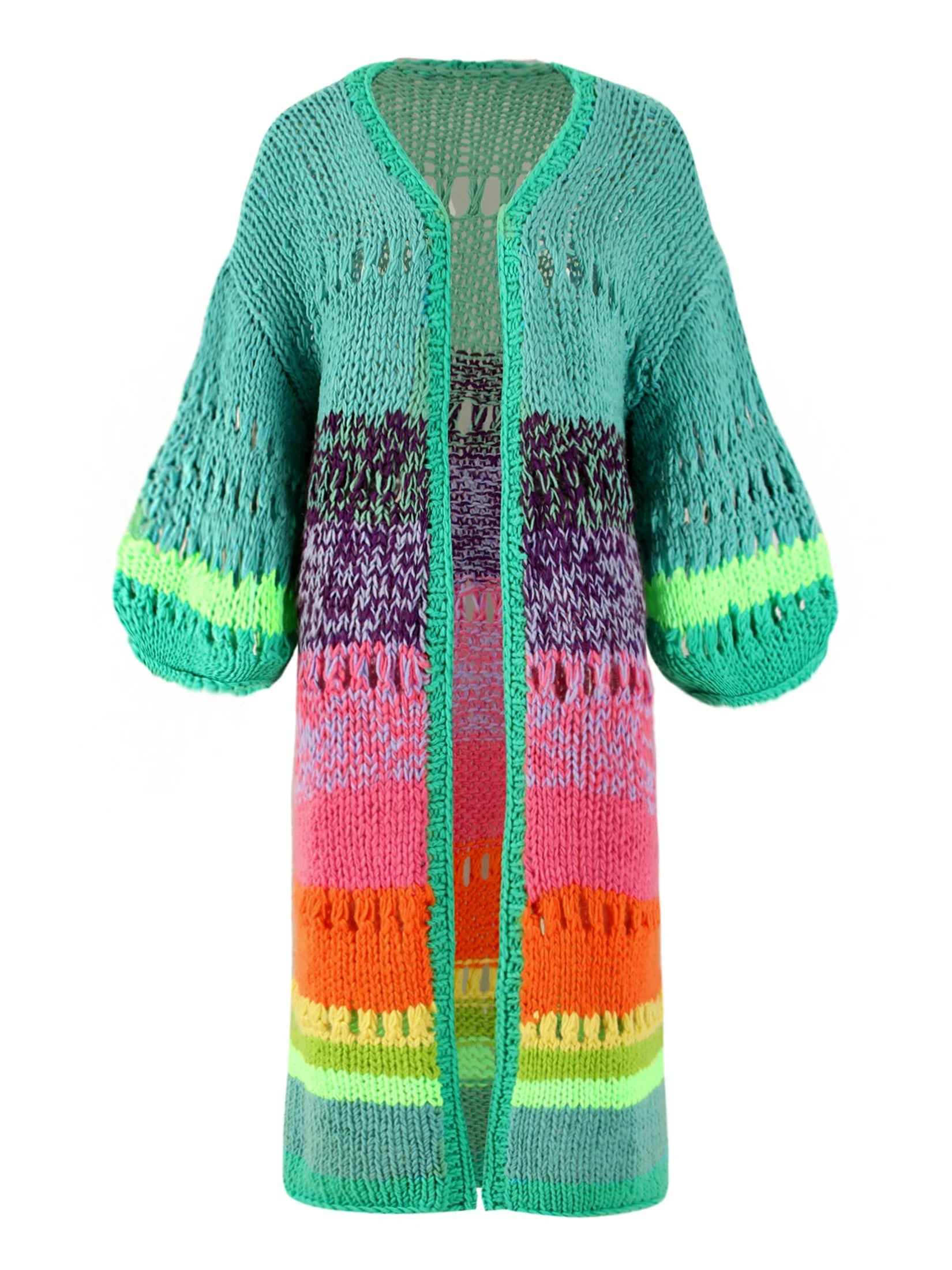 Boho Multicolor Crochet Cut Out Bell Sleeve Cardigan 2024 Autumn Winter Knitted Dress Women's Long Cardigan Sweater Jacket K12 - reetell