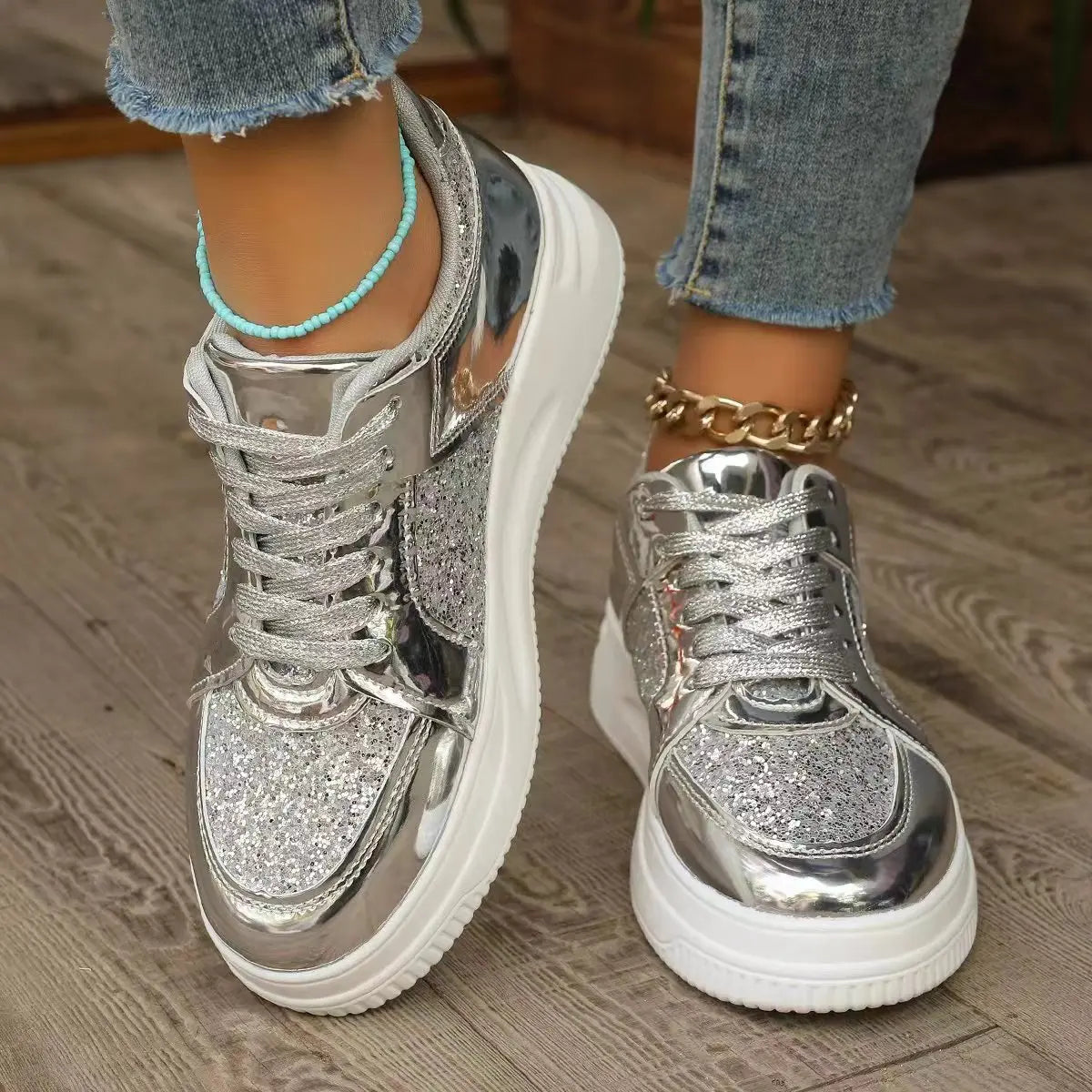 Women's Gold Sequins Platform Sneakers Autumn Fashion Casual Sports Shoes Thick Bottom Vulcanized Shoes Woman Flats Heels Shoes