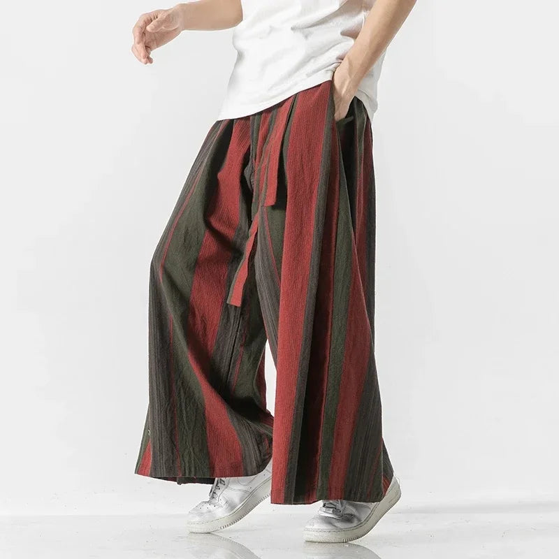 Pants Men Striped Wide Leg Cotton Linen Wide-Leg Pants Man Retro Chinese Style Male Casual Hot sales Nepal Robe Joggers Trousers