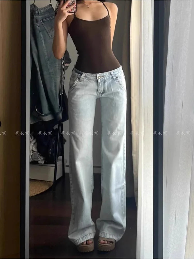 Light Blue Low Waist Jeans Woman Streetwear American Vintage Denim Pants Female Casual Washed Straight Pantalons Mujer Fall 2024 - reetell