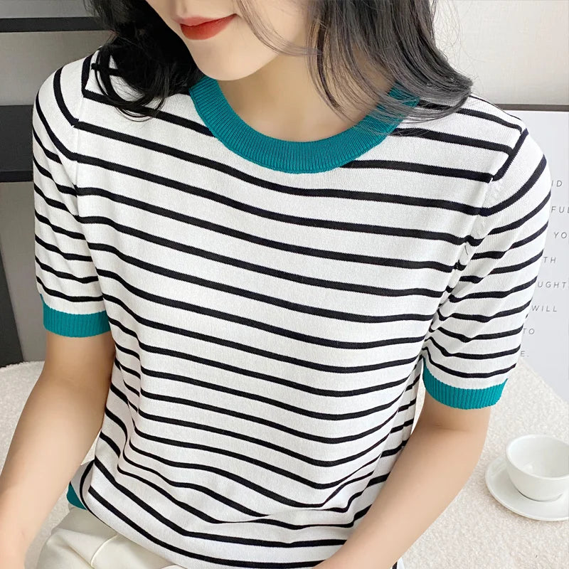 Short Sleeve T-shirts Women Striped Basic Chic Simple All-match Harajuku Retro Cotton O-neck Trendy Loose Leisure Cozy Womens - reetell