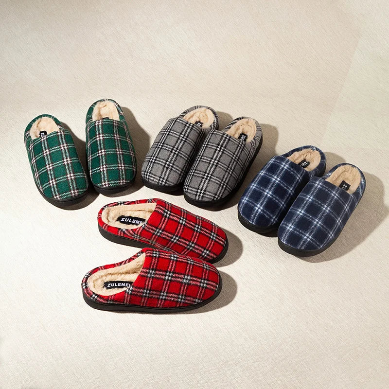 New Men's Striped Warm House Fleece Cozy Non-slip Plaid Cotton Mops Couples Slippers Winter Soft Indoor Bedroom Couples Shoes