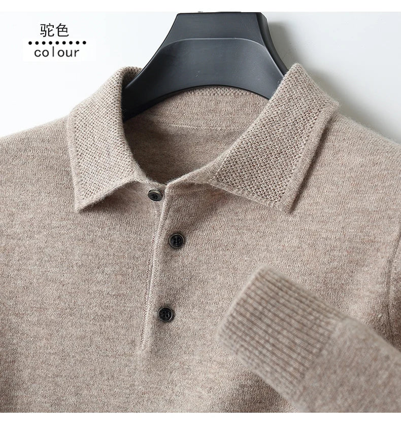 Autumn and winter new 100% pure wool sweater men's POLOL neck sweater lapel button cashmere sweater business knitting bottoming