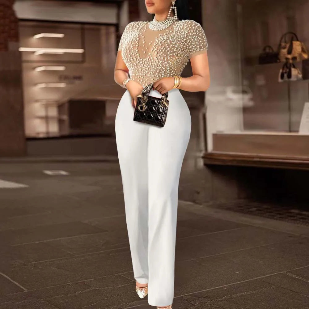 Elegant Jumpsuits & Rompers for Women O Nec Short Sleeve Beaded High Waisted Luxury Female Birthday Dinner Party Overalls Outfit - reetell