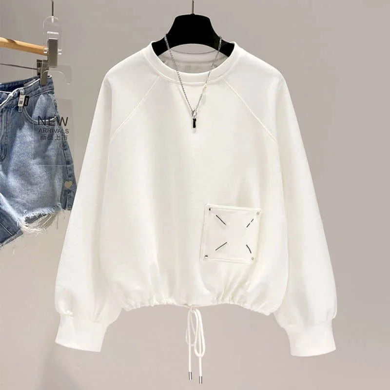 Design Pocket Pullovers Women Short Hem Drawstring Tops Spring Autumn Trend Pullover Korean Style Fashion Loose Sweatshirt Woman - reetell