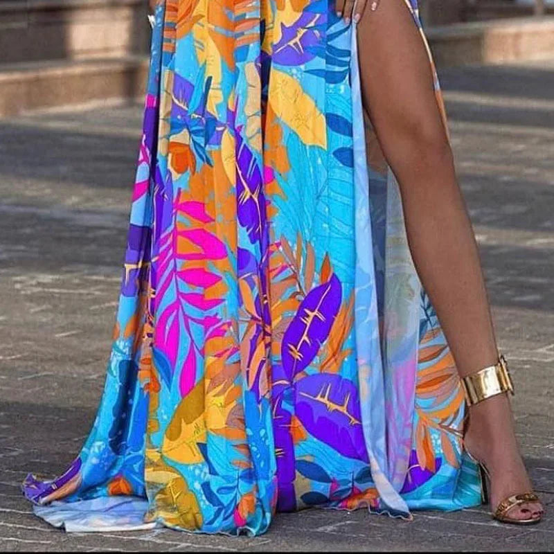 Color Print Spaghetti Strap Long Dresses Women Sexy Deep V-neck Backless Slit Dress Fashion Bohemian Beach Vacation Maxi Vestido - reetell