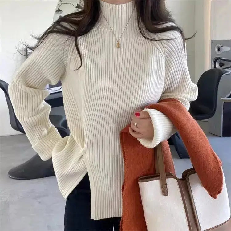 Women's Knit Sweater Off-white Loose Turtleneck Ladies PulloversButtons Slit Hot Sale Winter Offers Trend New Knitwear 2024 - reetell