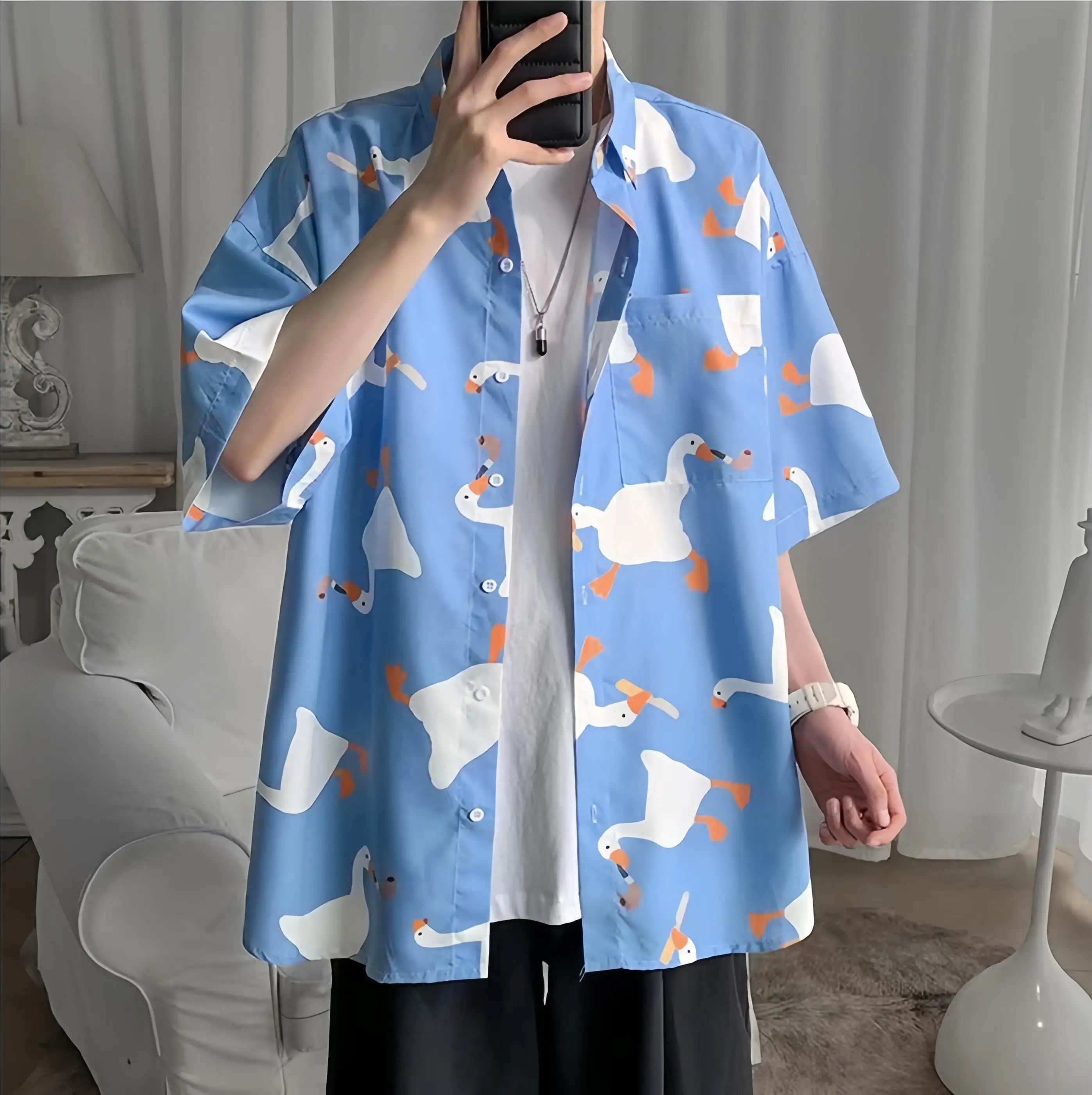 Men's Summer Thin Short Sleeve Shirt Loose Fit Casual Versatile Tops Fashion Goose Print Button Pockets Hawaiian Beach Shirt - reetell