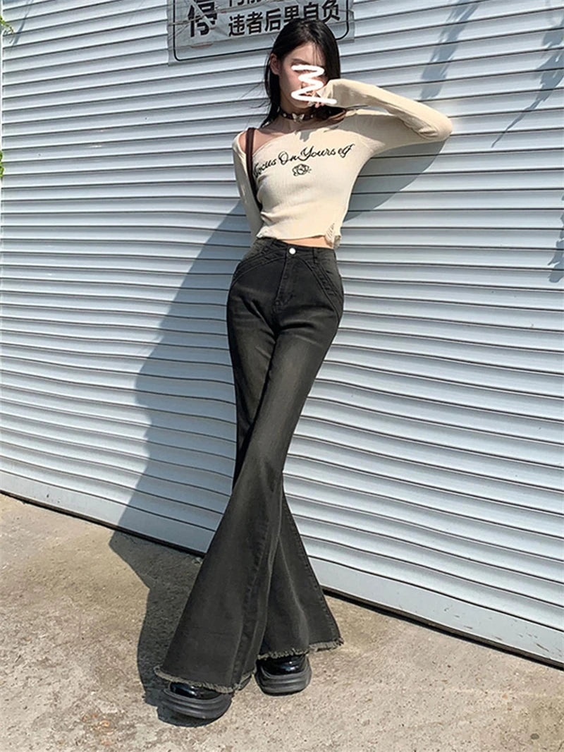 American Retro Bell Bottoms Low Waist Slim Women Fashion Black E-Girl Denim Pant Hiphop High Street Flare Jeans Y2K Streetwear - reetell