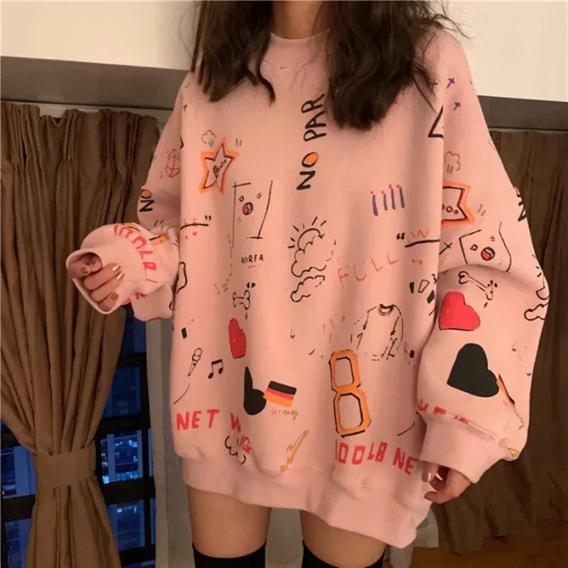 Women Sweatshirts Graffiti Pullover Tops Loose Long Sleeves Female Fashion Streetwear 2024 Spring Autumn Casual Hoodies - reetell