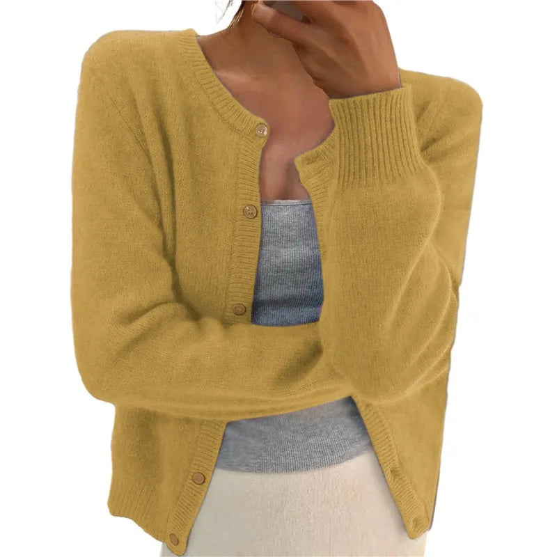 Solid Color Knitted Cardigan Women Korean Single Breasted Long Sleeve Jumper Woman Round Neck All Match Cardigans Outwear 2024 - reetell