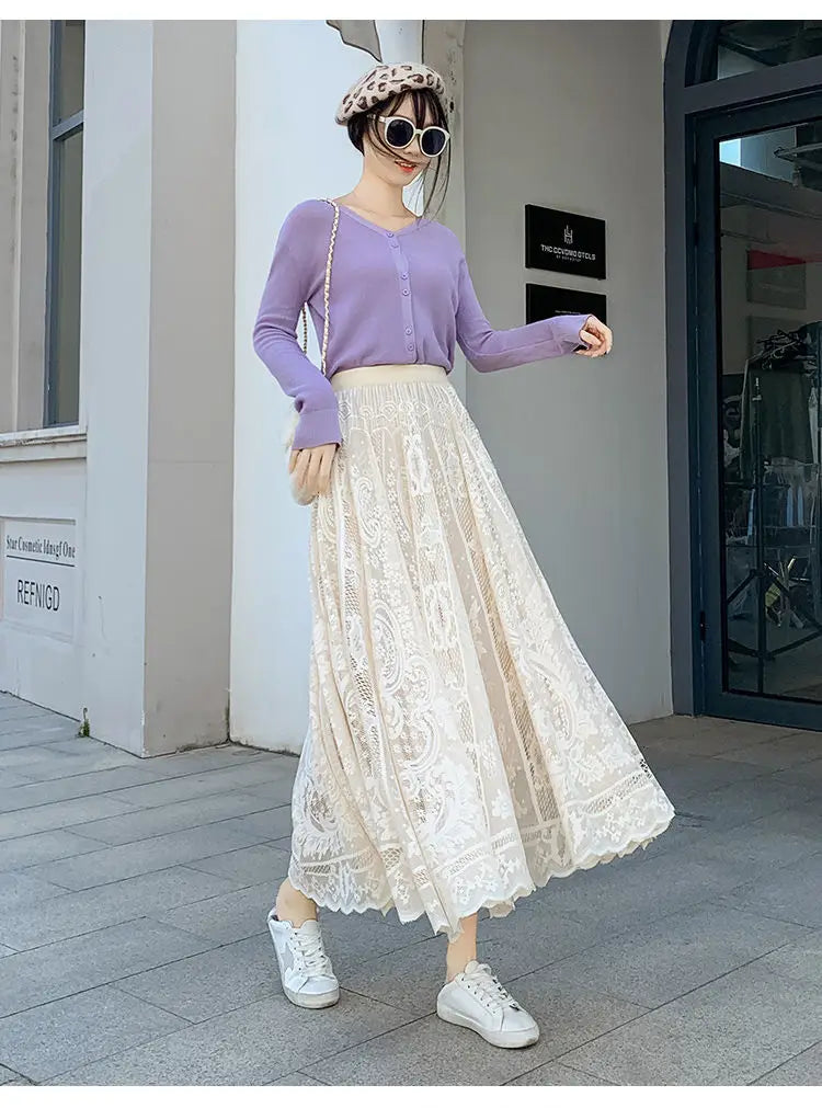 Fashion Elastic Waist Spliced Gauze Lace High Waist Skirt Women's Clothing 2024 Spring New Loose Solid Color Office Lady Skirts - reetell