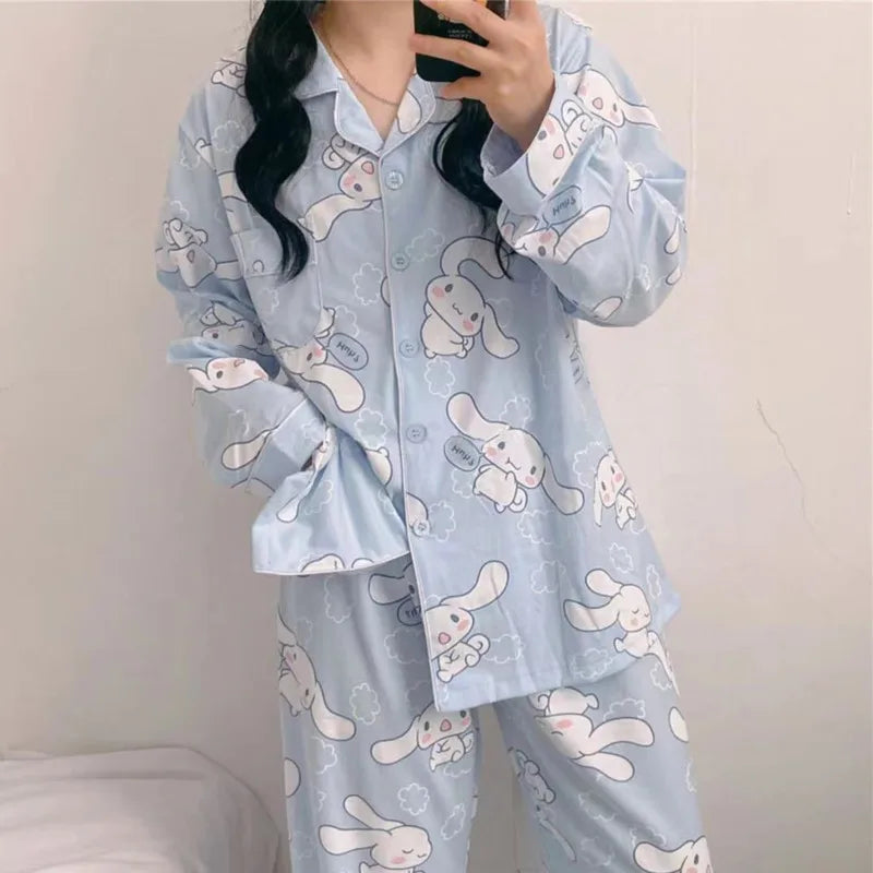 Sanrio Cinnamoroll Cartoon Women's Pajama Y2k Cute Fashion Sleepwear Set Woman 2 Piece Long Sleeve Home Suit For Female 2023 New