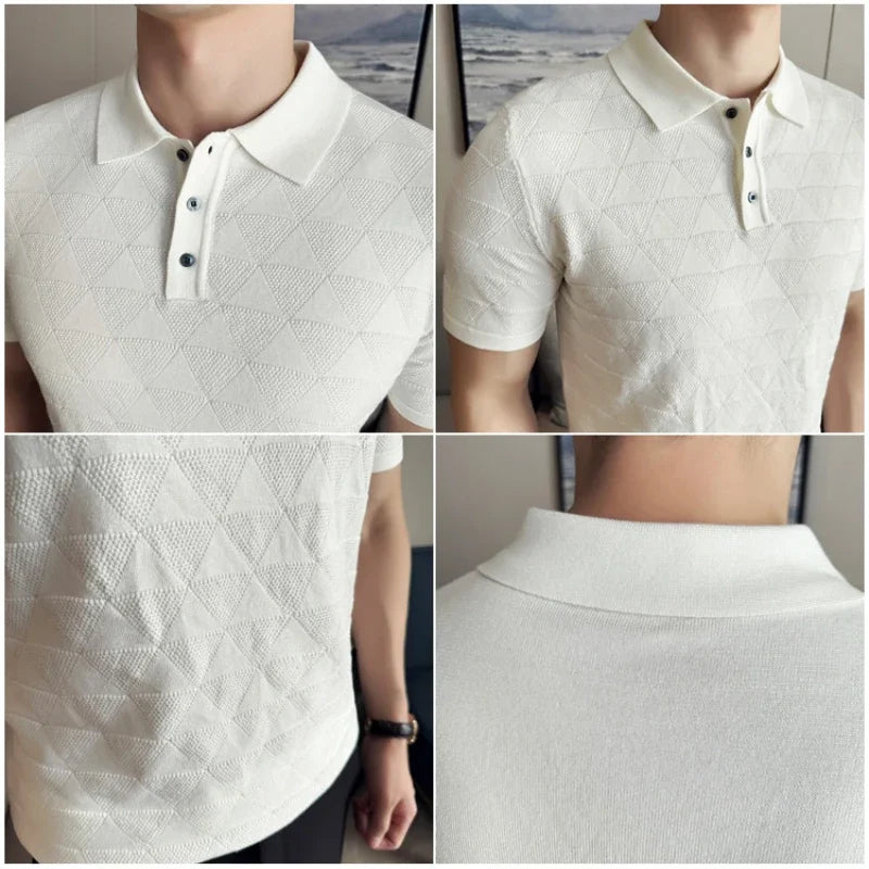 High-quality Men's Jacquard Polo Shirt, Business Casual Men's Solid Color Short-sleeved Top,  Geometric Pattern Men's T-shirt.