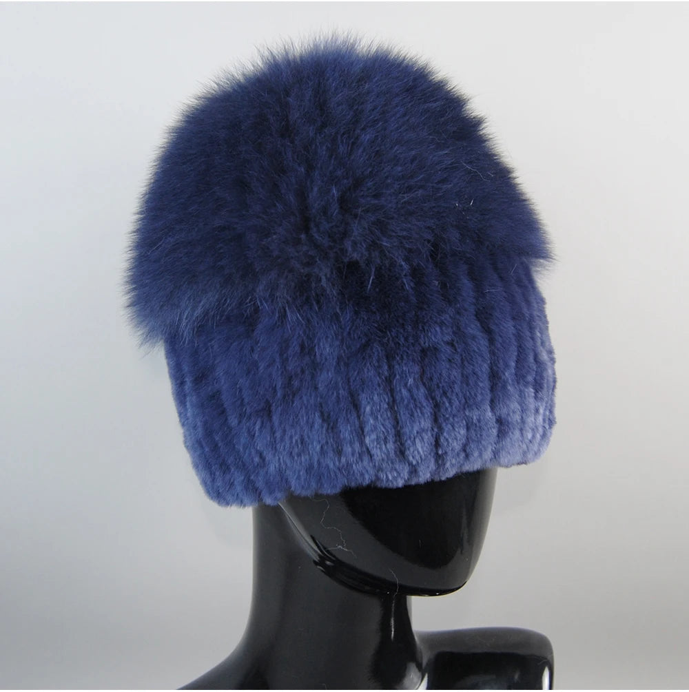 2024 Lady Winter Real Fur Hats Women Warm Knitted Genuine Rex Rabbit Fur Hat Top Natural Fox Fur Bomber Caps Rex Rabbit Fur Cap - reetell