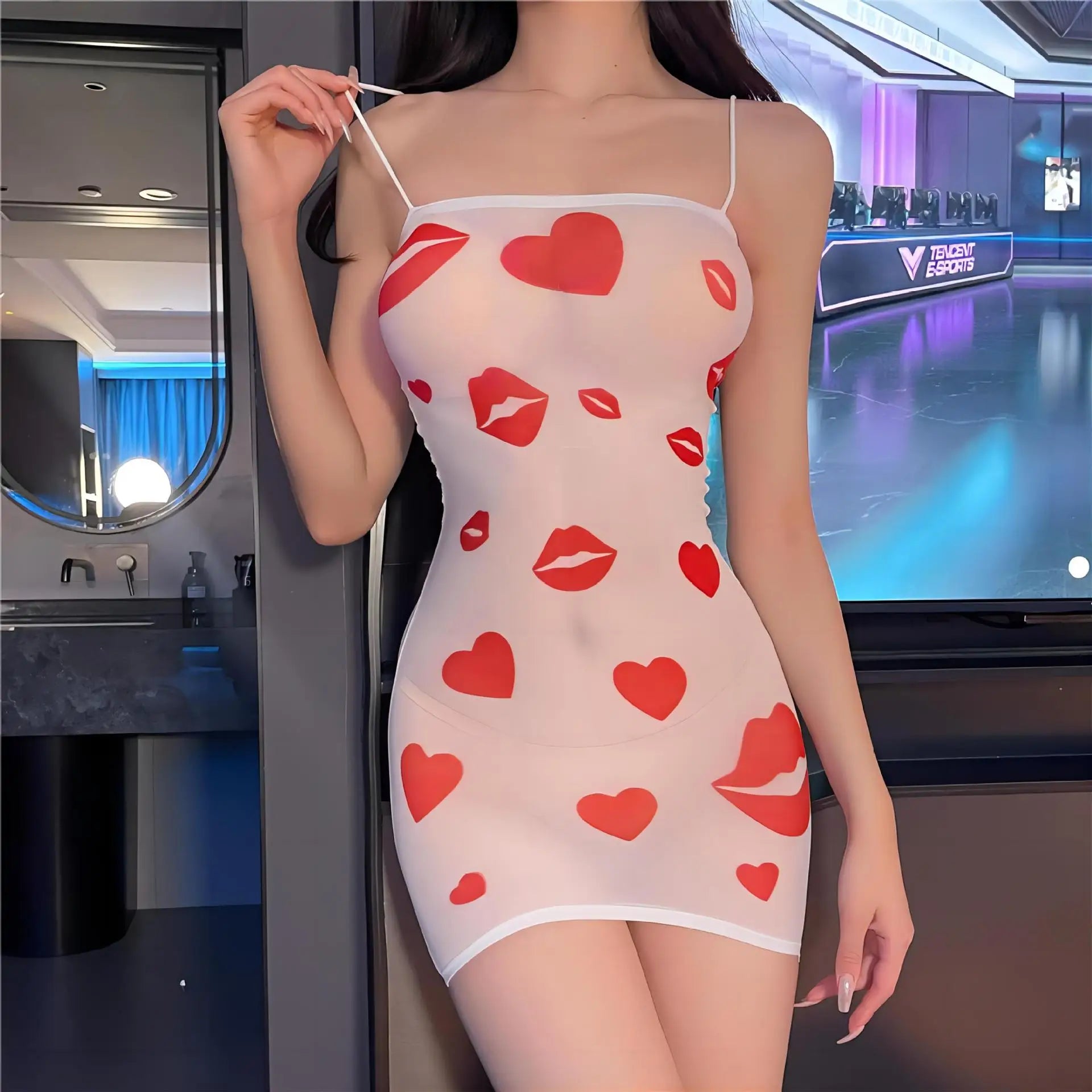 Dress Esports style jumpsuit with buttocks skirt, printed butterfly stockings with kiss marks Woman clothing Women party dress - reetell