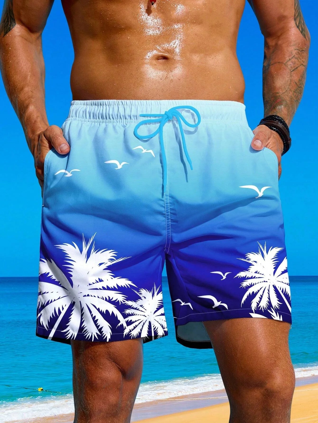 Summer Vacation Men's Palm Tree Print Drawstring Waist Board Shorts Fashion Swim Trunks 3D Print Breathable Short Streetwear - reetell