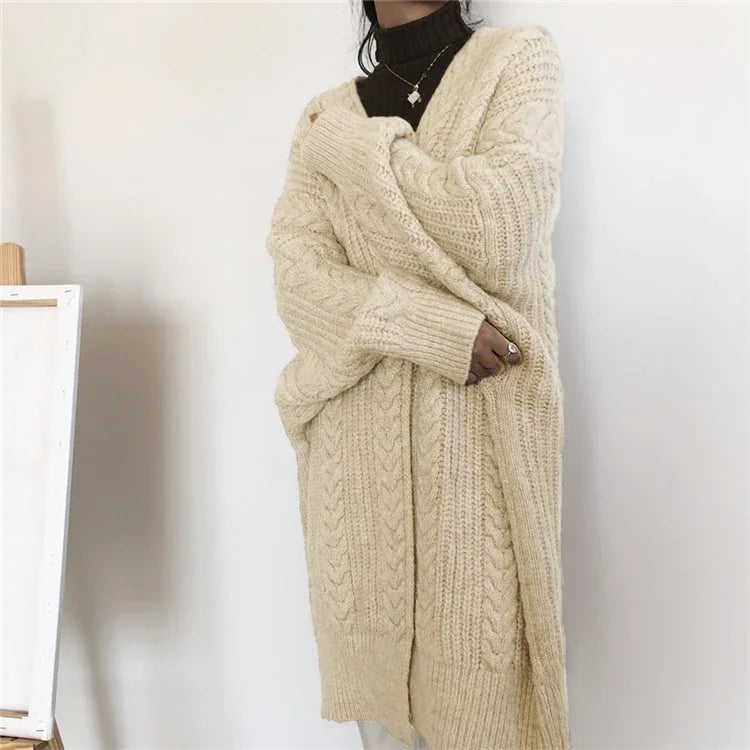 Women Cardigan Jacket Long Coat Solid Thicken Sweater Autumn Winter Street Wear Loose Warm Overcoat Female Topcoat Fashion Retro - reetell