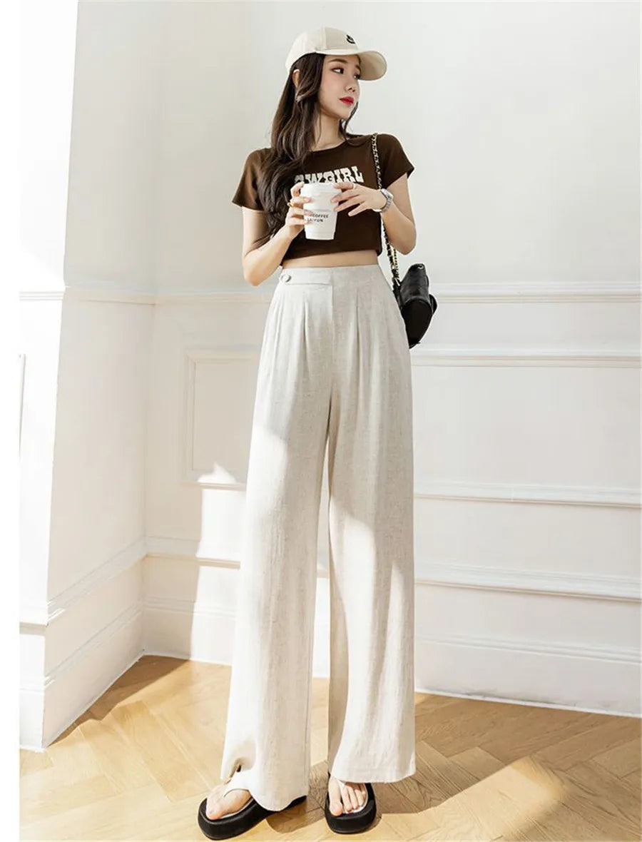 Summer New Cotton Linen Hig Waist Wide Leg Pants Mom's Straight Sweatpant Women 4xl Big Size Trousers Casual Baggy Pantalones - reetell