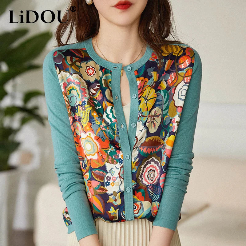 2023 Spring Autumn Round Neck Fashion Printing Sweater Women High Street Casual Long Sleeve Button All-match Elegant Cardigan - reetell