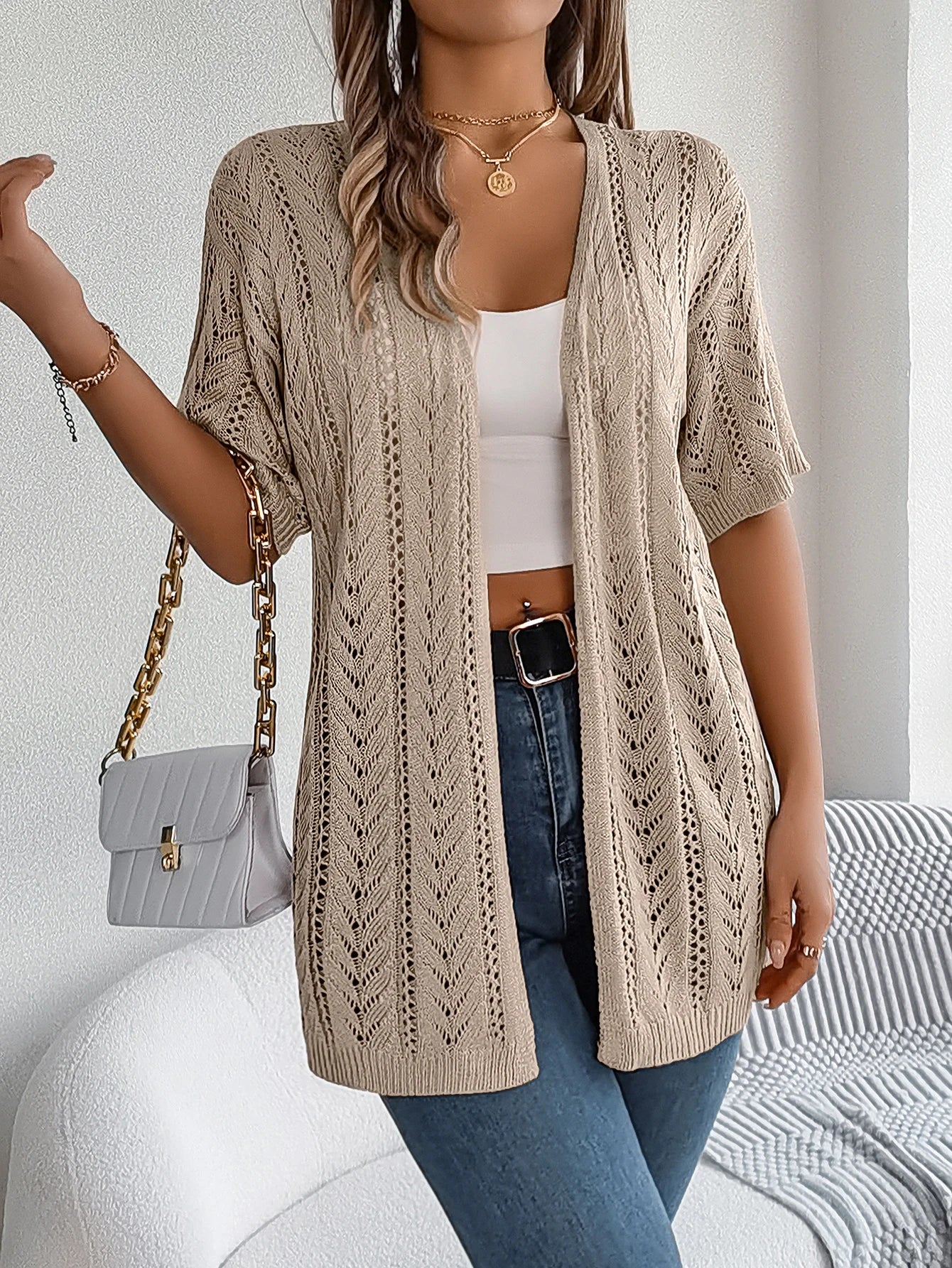 Casual Solid Color Short Sleeve Hollow Knitted Cardigan For Women - reetell