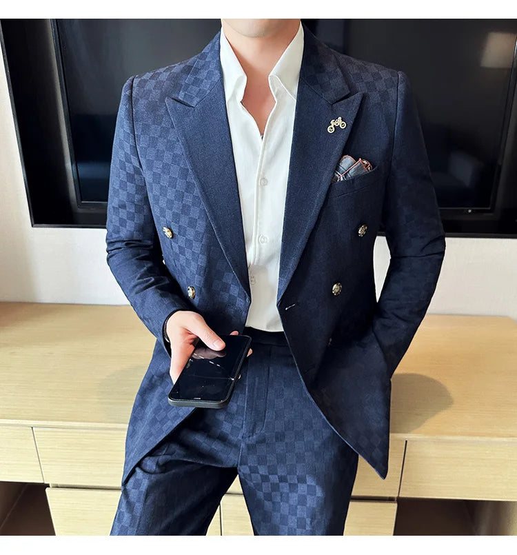 (Jacket+Pants) 2 Pieces Blue Apricot Business Party Men Suits Double Breasted Formal Style Custom Made Wedding Groom Tuxedos - reetell