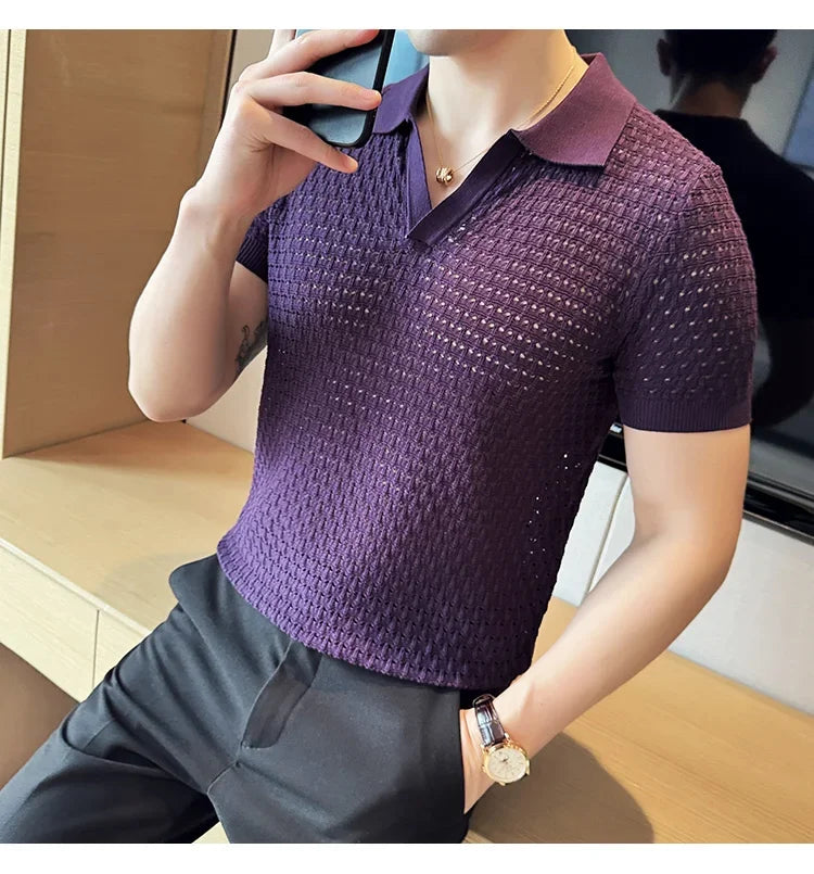 Men's Polo Shirt 2024 Summer New Light and Thin Knitted Hollow Solid Color Casual Short Sleeved V-neck T-shirt Men's Clothing