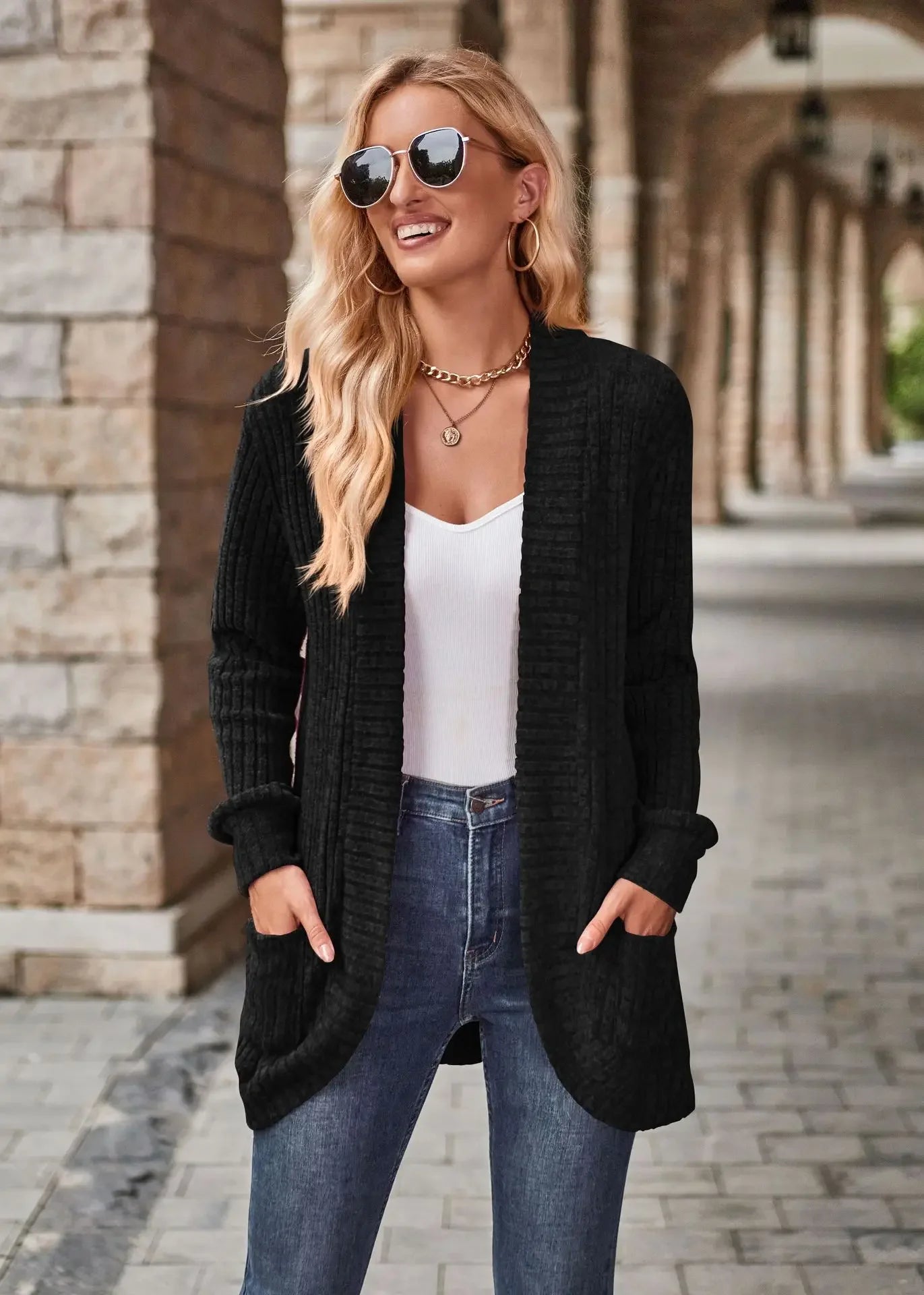 Women'S Spring And Autumn Solid Color Sweater Cardigan Fashion Pocket Cardigan Top Jacket Comfortable Soft Sweater Tienda Traf - reetell