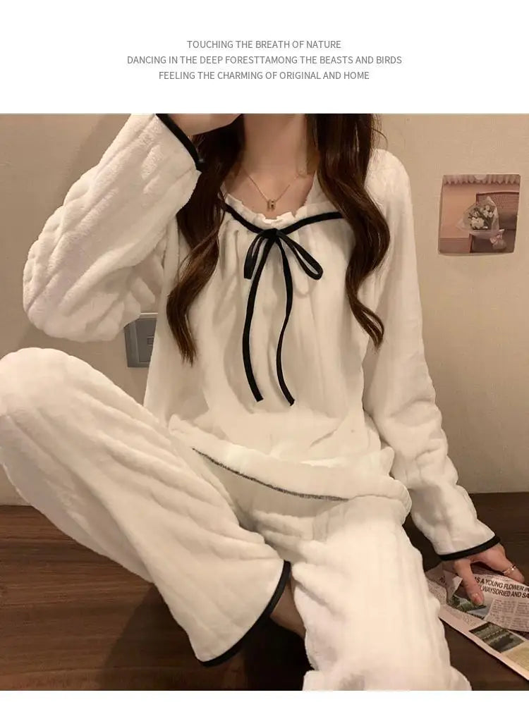 Coral Fleece Pajamas Sets for Women Autumn Winter Thick Warm Sweet Long Sleeve Sleepwear Nightgown Pijama Suit Mujer Homewear