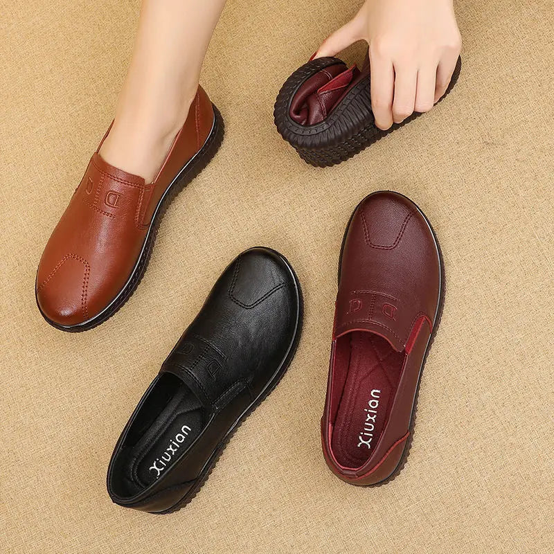 Women Genuine Leather Shoes Spring Autumn Brown Female Casual Shoes Black Mom Ladies Cozy Classic Leisure Loafer Shoes